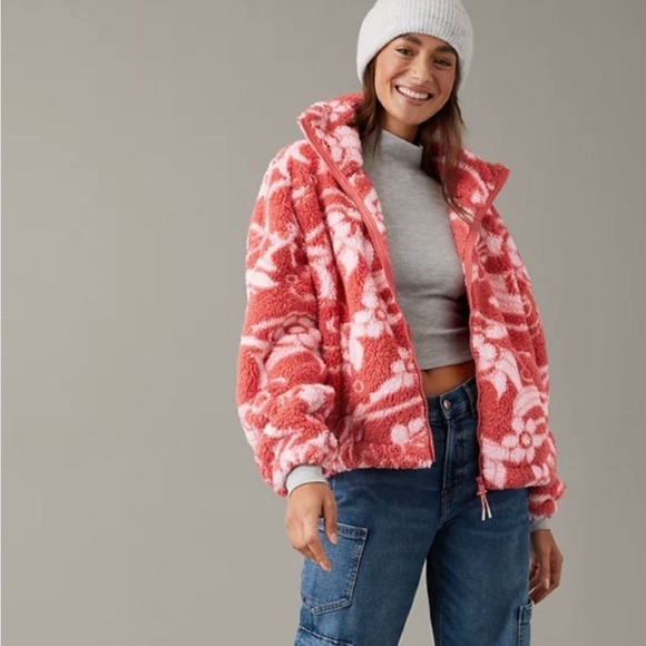 AE American Eagle Zip-Up Bear Hug Sherpa Jacket Pink Flowers XS oversized bomber - Picture 12 of 12